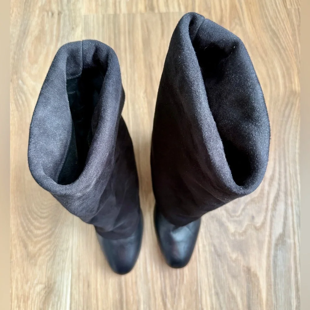 STUART WEITZMAN Lucinda Black Suede & Leather Fold-Over Boots